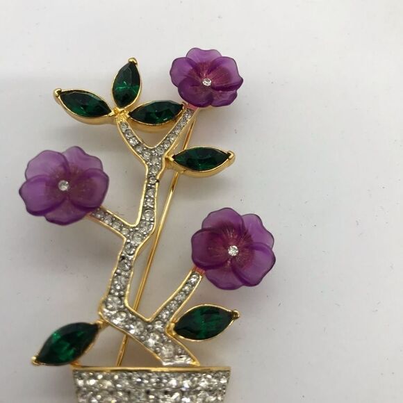 Flower Bouquet Vase Enamel Brooch Gold Tone 90s Vintage - Picture 8 of 11